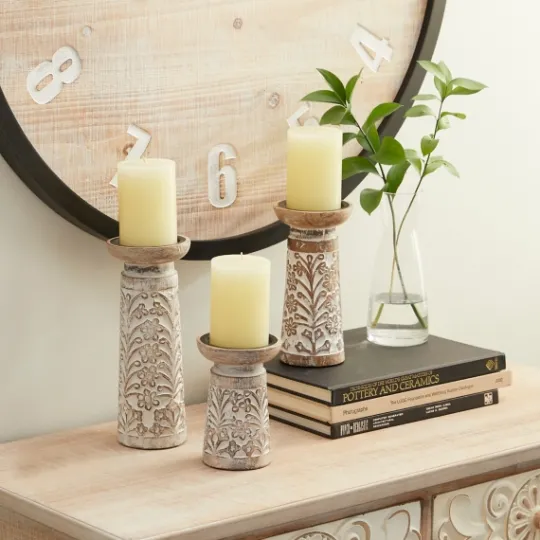 Kirkland's Home Whitewashed Brown Carved Candle Holders, Set Of 3- Candle Holders