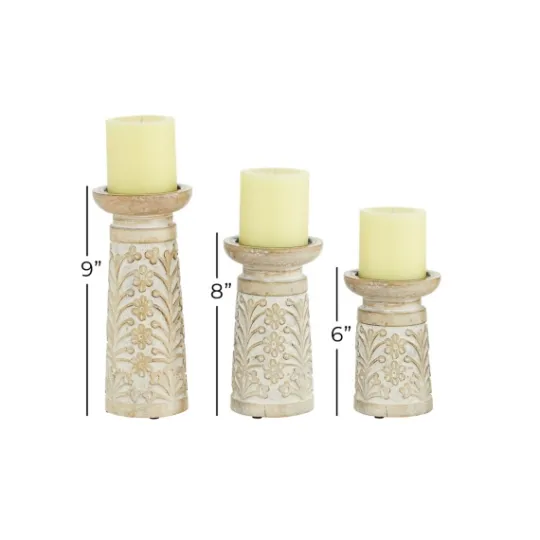 Kirkland's Home Whitewashed Brown Carved Candle Holders, Set Of 3- Candle Holders