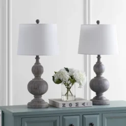 Kirkland's Home Whitewashed Brown Carved 2-Pc. Table Lamp Set- Table Lamps