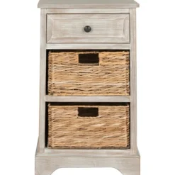 Kirkland's Home Whitewashed Brown Wood Side Table With Baskets- Accent & End Tables