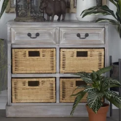 Kirkland's Home Whitewashed Cabinet With Rattan Baskets- Entryway Furniture