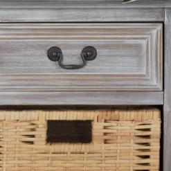 Kirkland's Home Whitewashed Cabinet With Rattan Baskets- Entryway Furniture