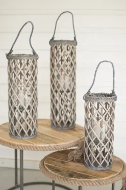 Kirkland's Home Willow Lanterns With Glass Pillars, Set Of 3- Lanterns