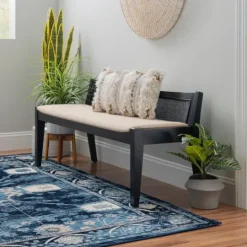 Kirkland's Home Wood And Cane Upholstered Bench- Benches & Ottomans