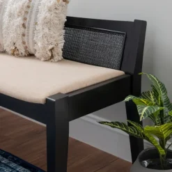 Kirkland's Home Wood And Cane Upholstered Bench- Benches & Ottomans