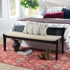 Kirkland's Home Wood And Cane Upholstered Bench- Benches & Ottomans