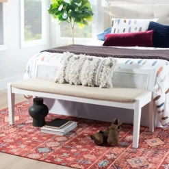 Kirkland's Home Wood And Cane Upholstered Bench- Benches & Ottomans