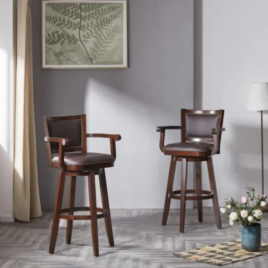 Kirkland's Home Wood And Faux Leather Swivel Bar Stool- Bar Stools & Counter Height Stools