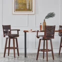 Kirkland's Home Wood And Faux Leather Swivel Bar Stool- Bar Stools & Counter Height Stools