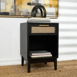 Kirkland's Home Wood And Natural Rattan Drawer Nightstand- Nightstands