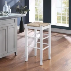 Kirkland's Home Wood And Woven Rush Square Bar Stool- Bar Stools & Counter Height Stools
