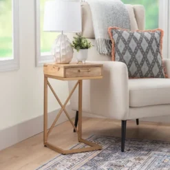 Kirkland's Home Wood Gold Metal X-Frame Base C Table- Accent & End Tables