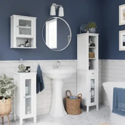 Kirkland's Home Wood Slim Single Glass Door Floor Cabinet- Bathroom Furniture