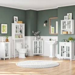 Kirkland's Home Wood Two Pane Glass Doors Corner Cabinet- Bathroom Furniture