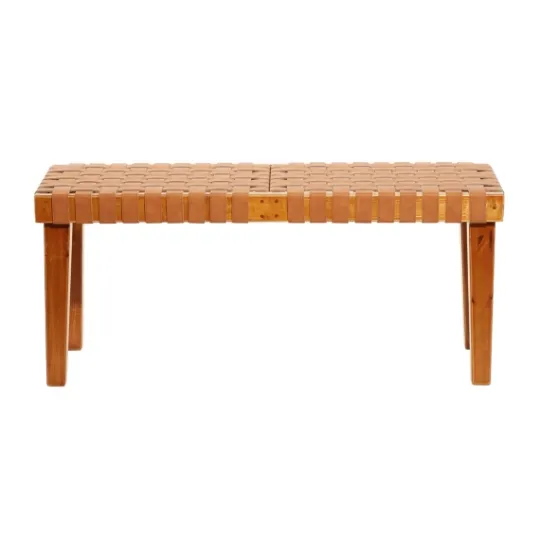 Kirkland's Home Woven Leather Textured Wood Bench- Benches & Ottomans