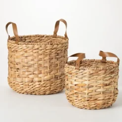 Kirkland's Home Woven Rat And Faux Leather Baskets, Set Of 2- Baskets & Boxes