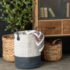 Kirkland's Home Woven Rat And Faux Leather Baskets, Set Of 2- Baskets & Boxes
