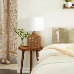 Kirkland's Home Woven Rattan Base Ivory Shade Table Lamp- Table Lamps