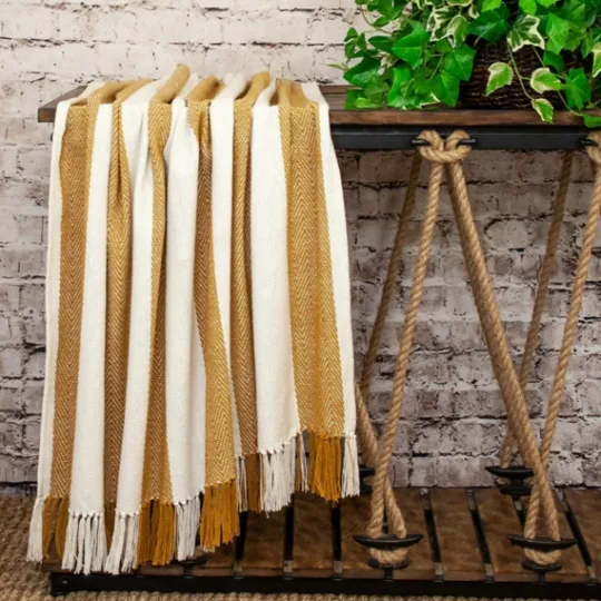 Kirkland's Home Yellow Chalet Striped Fringe Throw- Blankets & Throws