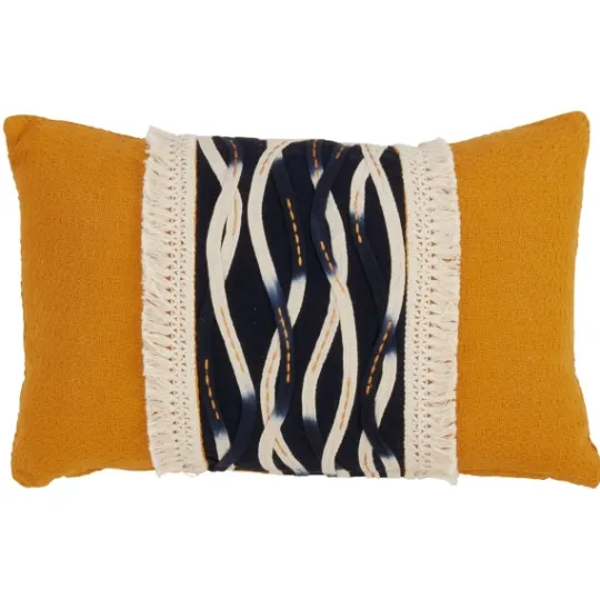 Kirkland's Home Yellow Wave Stitched Fringe Lumbar Pillow- Pillows