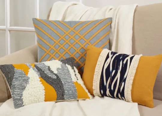 Kirkland's Home Yellow Wave Stitched Fringe Lumbar Pillow- Pillows